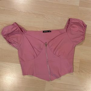 BooHoo Pink Puff Sleeve Corset Style Top